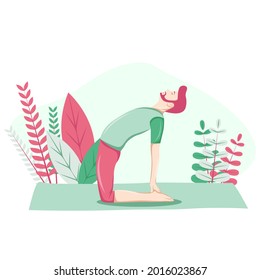 Young man practicing yoga with Camel Pose, Ustrasana, Healthy hobby, vector flat illustration