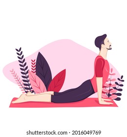 Young man practicing yoga with Cobra Pose, Bujangasana, Healthy hobby, vector flat illustration