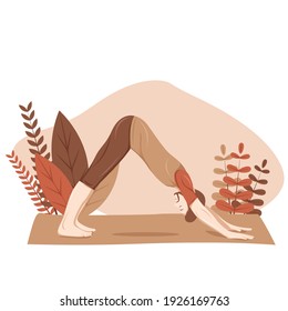 young man practicing yoga with downward facing dog pose, doing in tropics ornaments, vector cartoon flat illustration