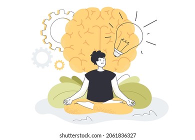 Young man practicing yoga exercises for mental and body health. Happy tiny guy sitting in meditation in front of brain flat vector illustration. Power of mind, healthy lifestyle, harmony concept