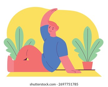 Joven practicando yoga. Ilustración plana.
