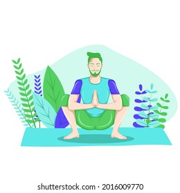 Young man practicing yoga with Garland Pose, Malasana, Healthy hobby, vector flat illustration