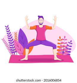 Young man practicing yoga with Goddess Pose, Utkata Konasana, Healthy hobby, vector flat illustration