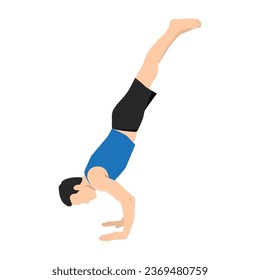 Young man practicing yoga handstand exercise. Flat vector illustration isolated on white background
