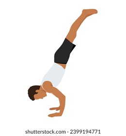 Young man practicing yoga handstand exercise. Flat vector illustration isolated on white background