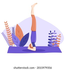 Young man practicing yoga with Headstand Pose, Sirsasana, Healthy hobby, vector flat illustration