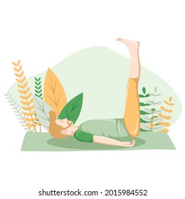 Joven practicando yoga con mango alto, Ayurveda Vata, hobby sano, ilustración plana vectorial