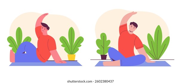 Young man practicing yoga, meditating. Vector illustration in flat cartoon style.