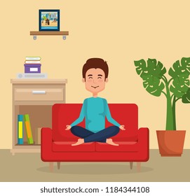 young man practicing yoga on the sofa