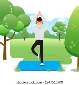 Young Man Practicing Yoga in the Park. Banner, site, poster template