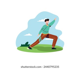 young man practicing yoga in the park. Physical and spiritual practice. Vector illustration in flat cartoon style.