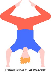 Young man practicing yoga performing a headstand pose balancing on his hands with legs raised up, promoting health and wellness through physical activity