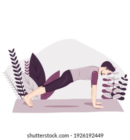 joven practicando yoga con pose de tabla, en ornamentos tropicales, dibujos vectoriales ilustraciones planas