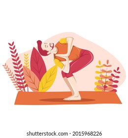 Young man practicing yoga with Revolved Chair Pose, Parivrtta Utkatasana, Healthy hobby, vector flat illustration