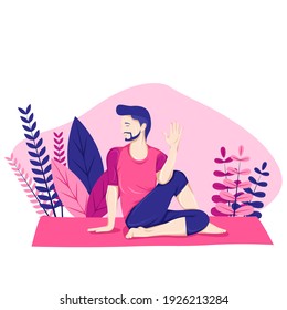 young man practicing yoga with seated twist pose, in topics ornaments, vector cartoon flat illustration