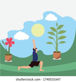 Joven practicando yoga, caricatura permanente en el parque, paisaje natural. Estilo de vida saludable.Una ilustración vectorial creativa