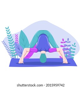 Young man practicing yoga Standing Wide Leg Forward Bend, Prasarita Padottanasana, healthy hobby, vector flat illustration