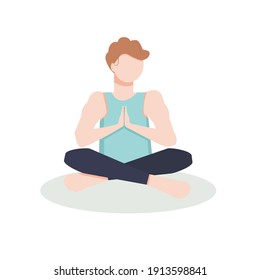 Young man practicing yoga and  strengthens his immunity. Home meditation. Vector flat illustration, meditation concept, yoga health benefits of the body. mind and emotions, thought process. 