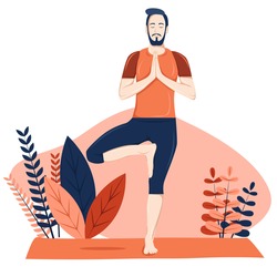 Young Man Practicing Yoga With Tree Pose, Vrksasana Asana, Stand On One Leg, In Tropics Ornaments, Vector Cartoon Flat Illustration