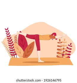 Young man practicing yoga with warrior pose 3, virabhadrasana, healthy hobby, vector flat illustration 