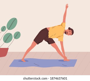 Young man practising yoga at home. Male character doing stretching indoors. Yogi doing parivritta trikonasana asana on mat. Vector illustration in flat cartoon style