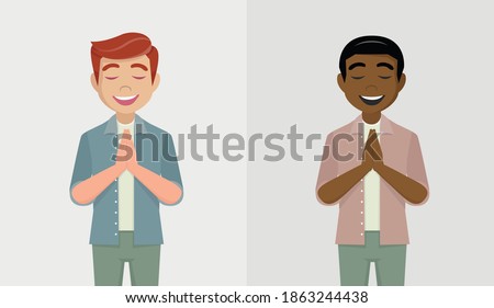 Young man praying hands together. men person holding palms in prayer.