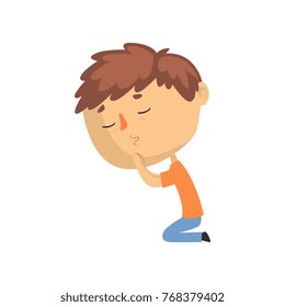 Young man praying on his knees with eyes closed cartoon vector illustration