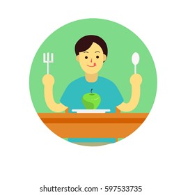 Young man prepare to eat apple with spoon and fork on table.flat man cartoon design in green circle vector illustration