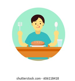 Young man prepare to eat bread with spoon and fork on table.flat man cartoon design in green circle vector illustration