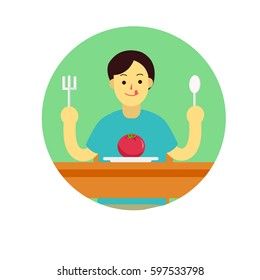 Young man prepare to eat tomato with spoon and fork on table.flat man cartoon design in green circle vector illustration