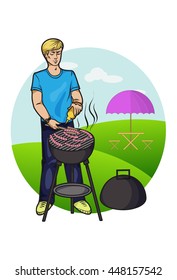 The young man prepares sausages in BBQ outdoors. Isolated logo in the circle, vector illustration