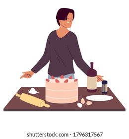 joven preparando una tarta sobre el diseño de ilustraciones vectoriales de fondo blanco