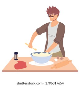 young man preparing a cake in white background vector illustration design