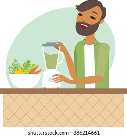 Young man preparing smoothie in the kitchen