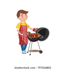 Young man preparing steak on the barbecue grill cartoon vector Illustration