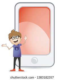 young man in a presentation with big mobile on the background