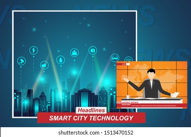 Young man is presenting breaking news with broadcast on TV studio. Headlines smart city technology with image file presentation. Vector illustration in flat design.