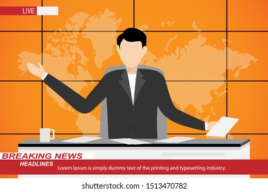 Young man is presenting breaking news with broadcast on TV studio. Vector illustration in flat design.