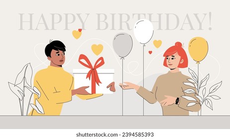 Young man presenting gift to young woman. Modern flat illustration. Celebration or anniversary concept. Romantic relationship vector design.