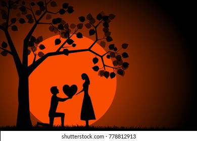 Young man are presenting heart to a woman in love as a symbol of his love. Silhouette of two young lovers. Valentine's Day. Vector illustration