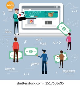 Young man was presenting his idea for money funding,Huge laptop surrounded by group of people.  Flat design of crowdfunding concept 