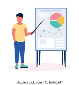 Young man presenting infographic, project, statistics. Vector illustration in a flat style.