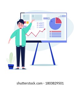 Young man presenting marketing data on a presentation screen board explaining charts. Flat design vector illustration