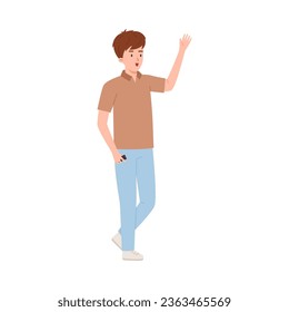 Young man in presenting pose, explaining, raised hand to showing. Business mentor with remote controller, coach on seminar, teacher, marketing or education project. Vector cartoon presenter