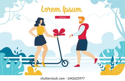 Young Man Presenting Scooter Wrapped with Red Bow to Girl on Birthday. Human Relations, Love, Festive Event Celebration, Sportive People Lifestyle. Cartoon Flat Vector Illustration, Horizontal Banner