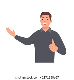 Young man presenting and showing thumbs up OK sign cartoon character . Flat vector illustration isolated on white background