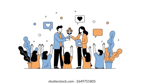 Young man presents a bouquet of flowers to a young woman celebrating a special occasion with loved ones nearby