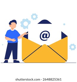 A young man presents an email envelope enhanced with gear icons, symbolizing digital communication and workflow efficiency.