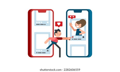 Young man presses heart button on mobile phone for beautiful girl illustration