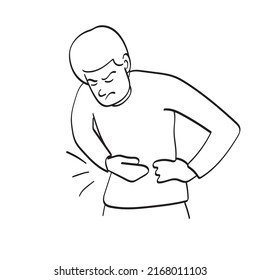 Young man presses his hand to stomach in pain illustration vector hand drawn isolated on white background line art.